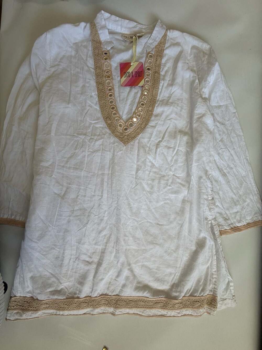 Sand & Spirit Womens Top Size L White Embroidered Mirror V-Neck Tunic Blouse NWT